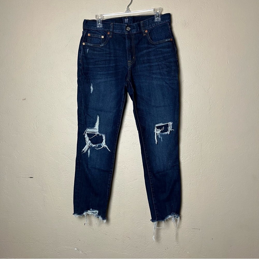 Gap Best Girlfriend Jeans Women's Size 27 R Blue Mid Rise Raw Hem Distressed‎